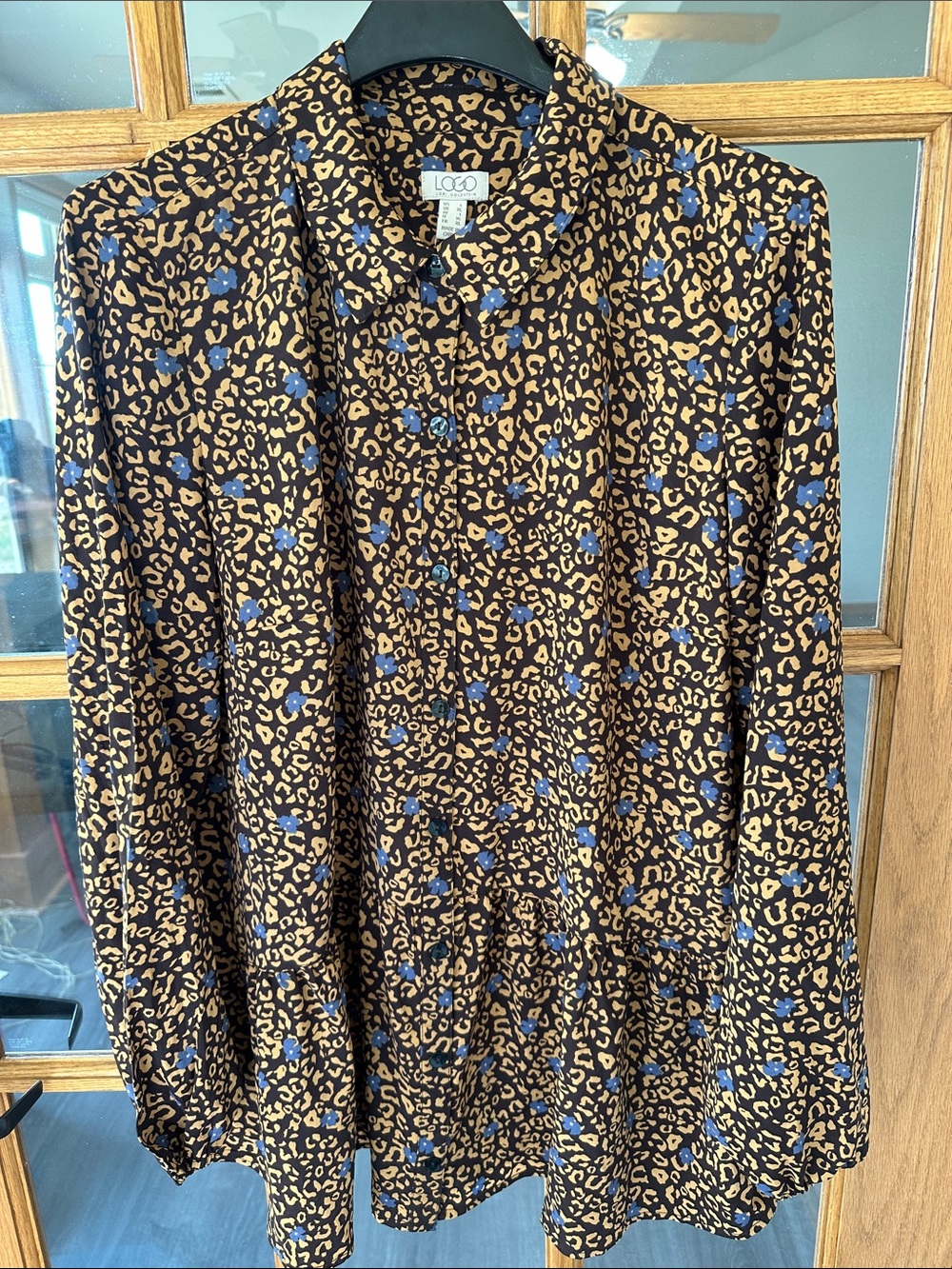 LOGO by Lori Goldstein Black and Brown Leopard Print Blazer with Blue Spots